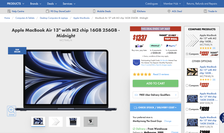 The Good Guys: Apple MacBook Air 13″ with M2 chip 16GB 256GB – Midnight – $1337